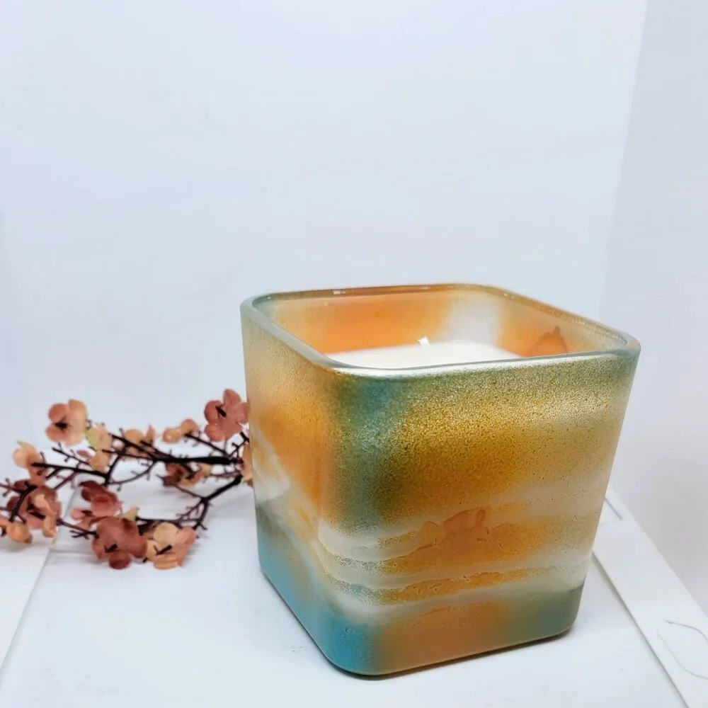 Southwestern Colors Tangerine and‎ Turquoise Glass Candle Jasmine Scent - New
